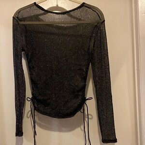 Black Sheer Long-Sleeve Sparkle Tee with Side Ruching